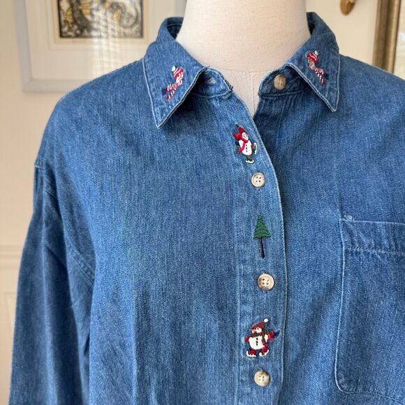 Vintage Northern Tradition Snowman Denim Chambray Button Up Shirt XL - Picture 1 of 9